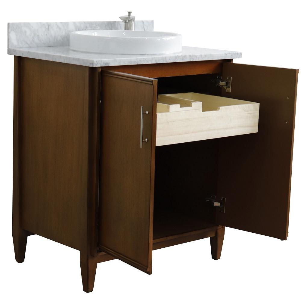 Single sink vanity in Walnut with White Carrara marble with rectangle sink. Picture 17
