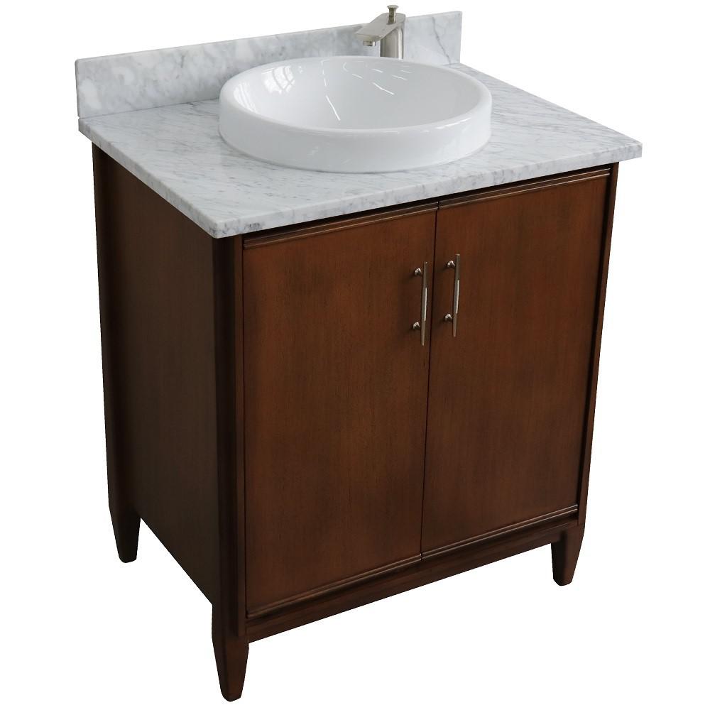 Single sink vanity in Walnut with White Carrara marble with rectangle sink. Picture 21
