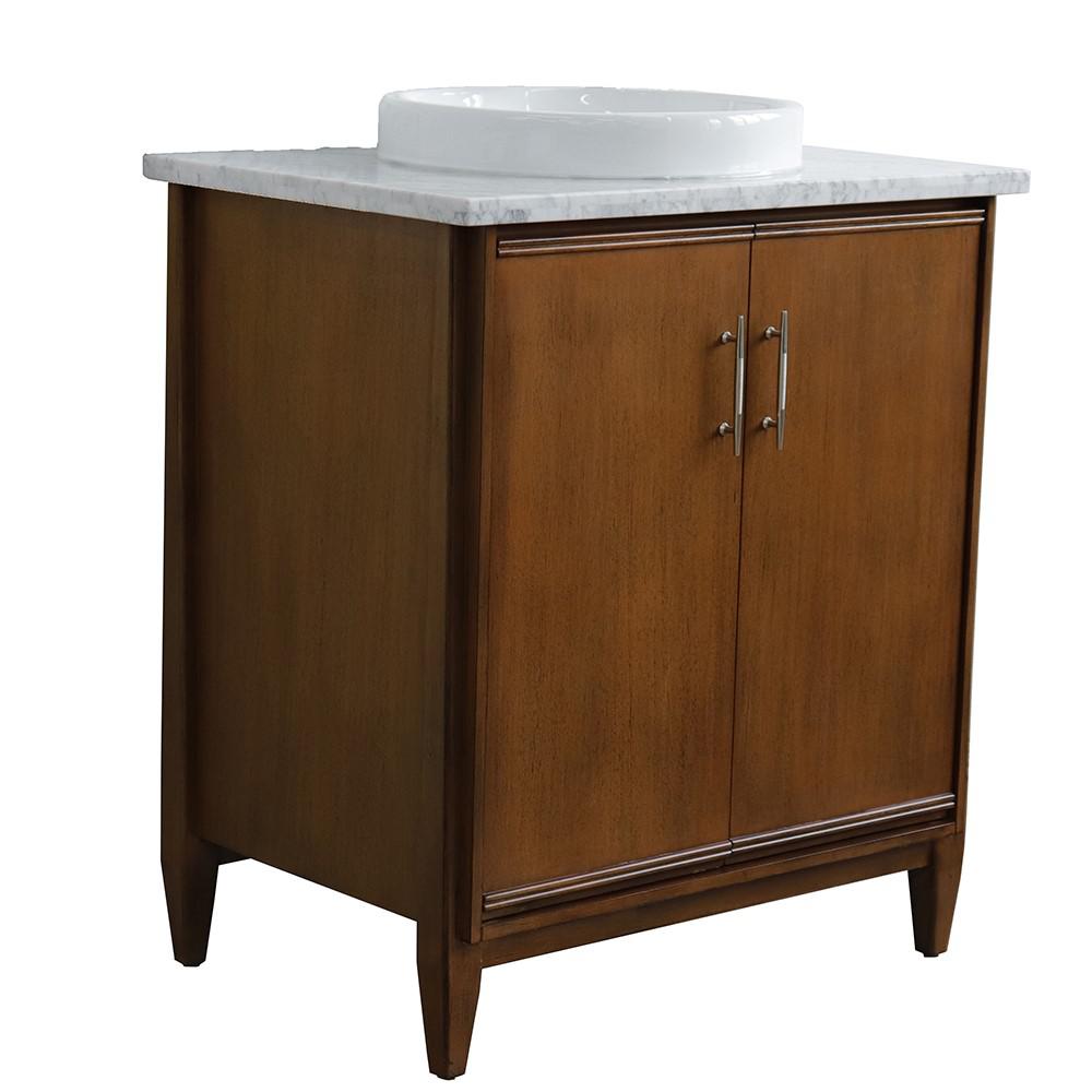 Single sink vanity in Walnut with White Carrara marble with rectangle sink. Picture 1