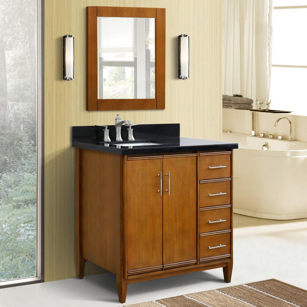 Single vanity in Walnut with Black galaxy and rectangle sink- door/sink. Picture 2