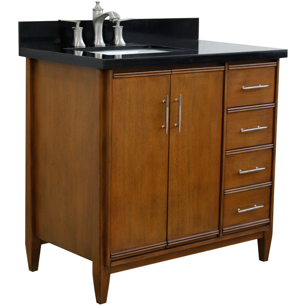 Single vanity in Walnut with Black galaxy and rectangle sink- door/sink. Picture 5