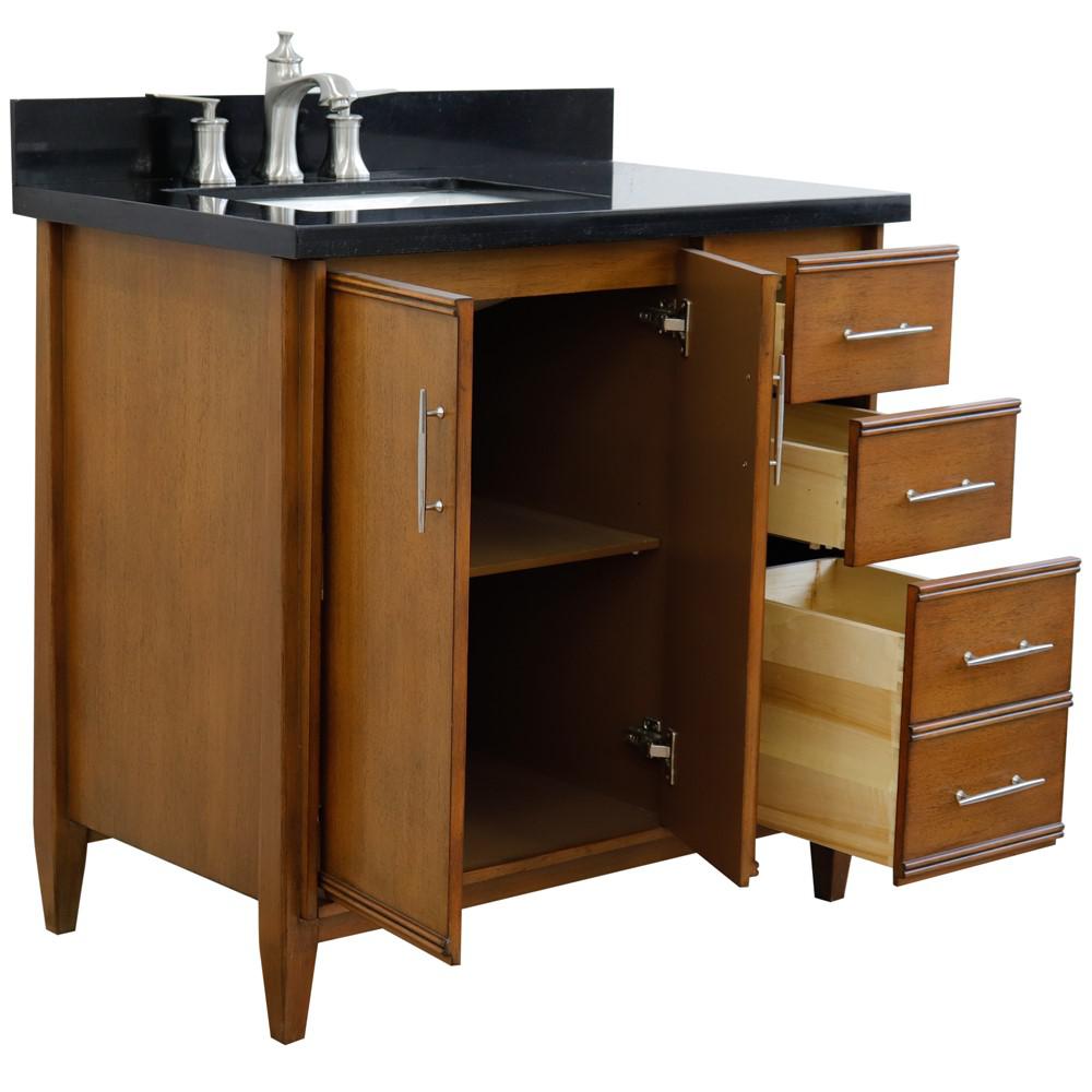 Single vanity in Walnut with Black galaxy and rectangle sink- door/sink. Picture 6