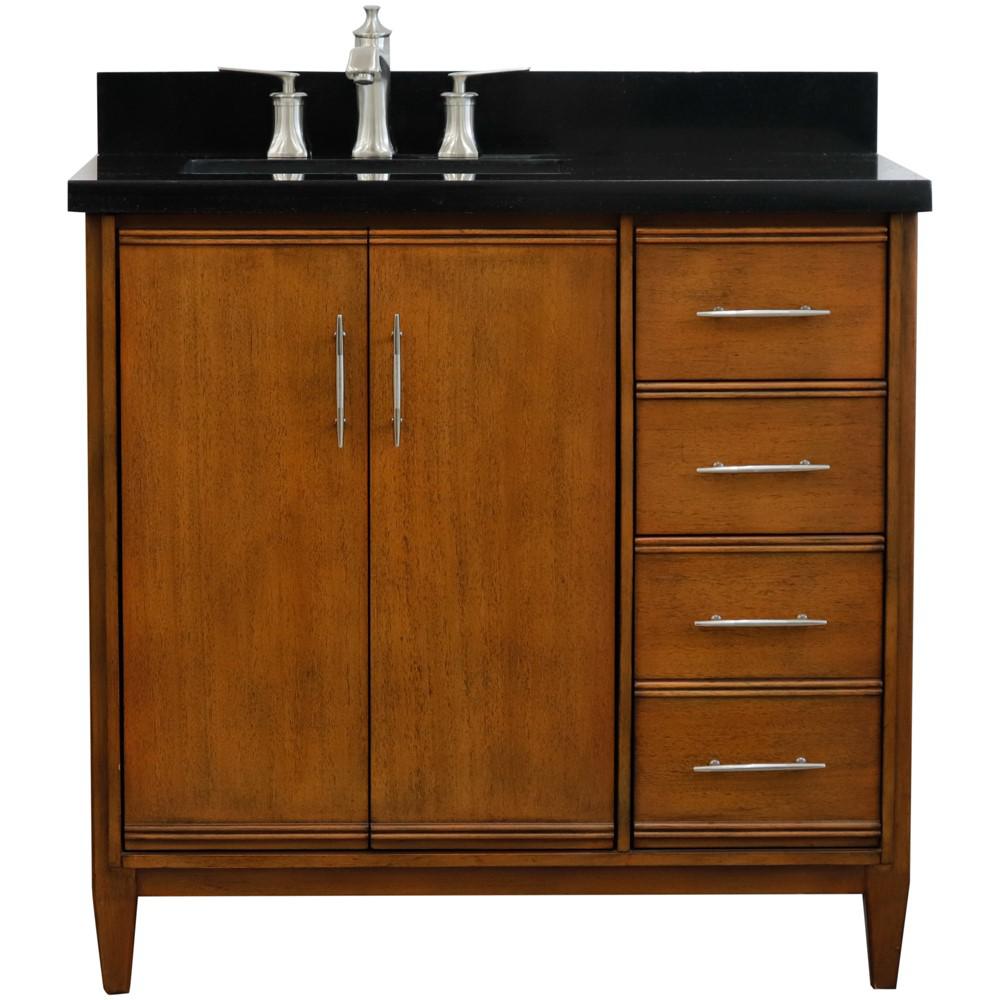Single vanity in Walnut with Black galaxy and rectangle sink- door/sink. Picture 7
