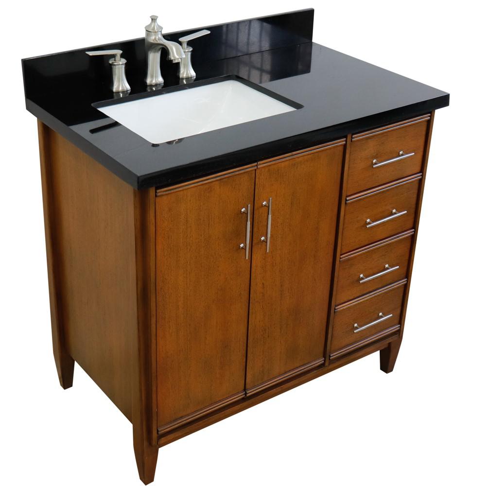 Single vanity in Walnut with Black galaxy and rectangle sink- door/sink. Picture 11