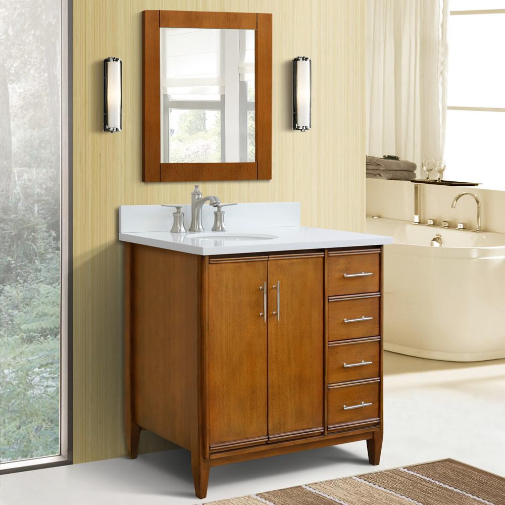 Single vanity in Walnut with White quartz and oval sink- Left door/Left sink. Picture 2