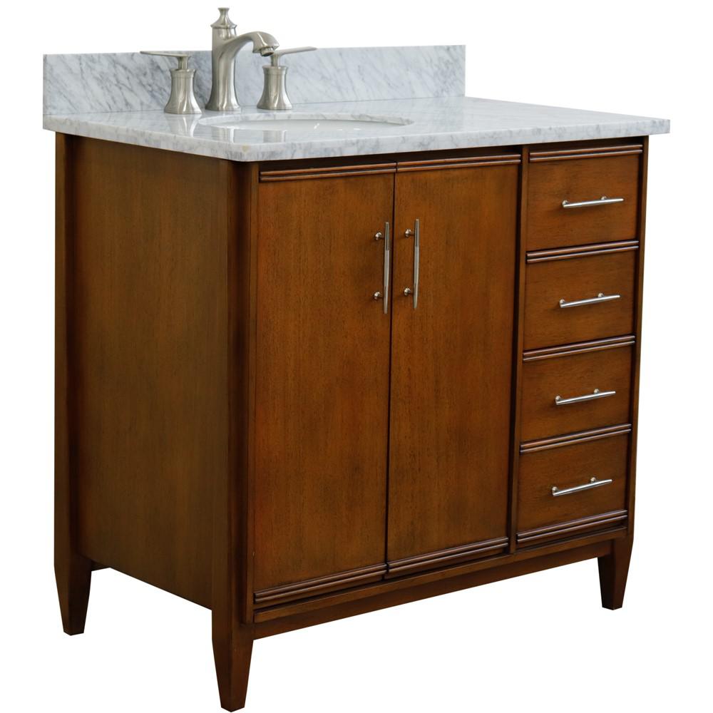 Single vanity in Walnut with White Carrara and oval sink- door/sink. Picture 5