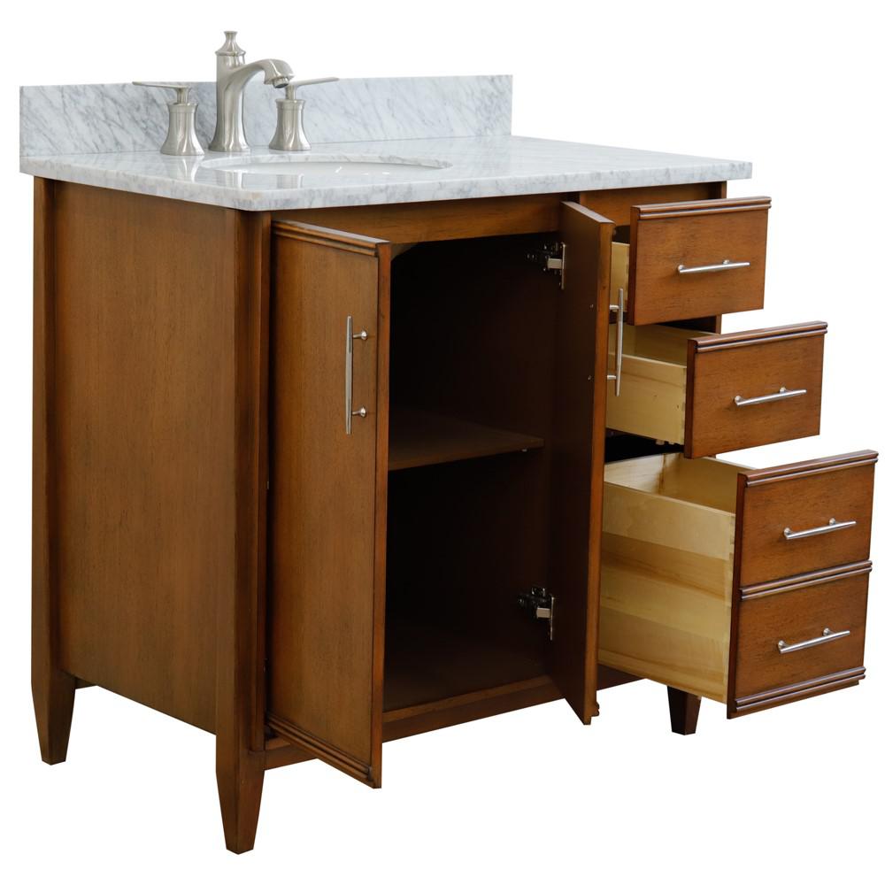 Single vanity in Walnut with White Carrara and oval sink- door/sink. Picture 6