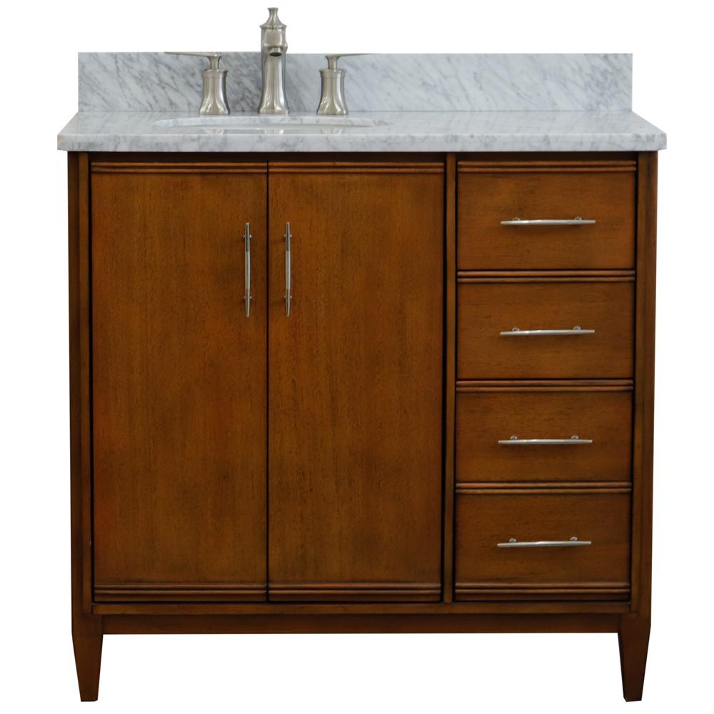 Single vanity in Walnut with White Carrara and oval sink- door/sink. Picture 7