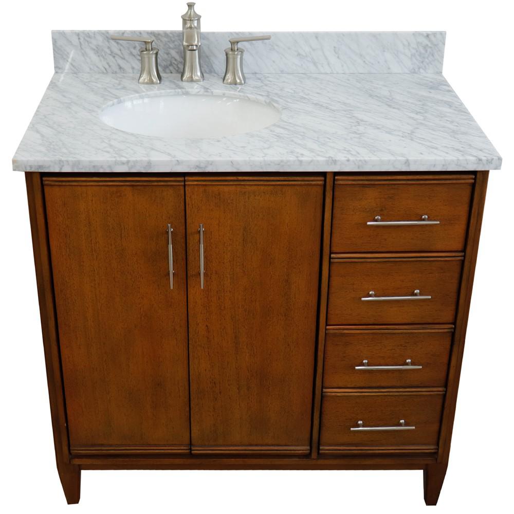 Single vanity in Walnut with White Carrara and oval sink- door/sink. Picture 10