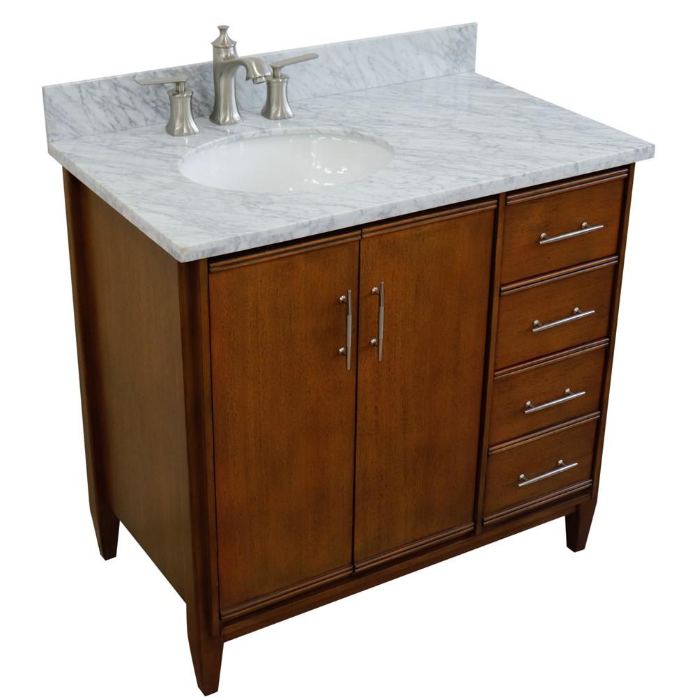 Single vanity in Walnut with White Carrara and oval sink- door/sink. Picture 11