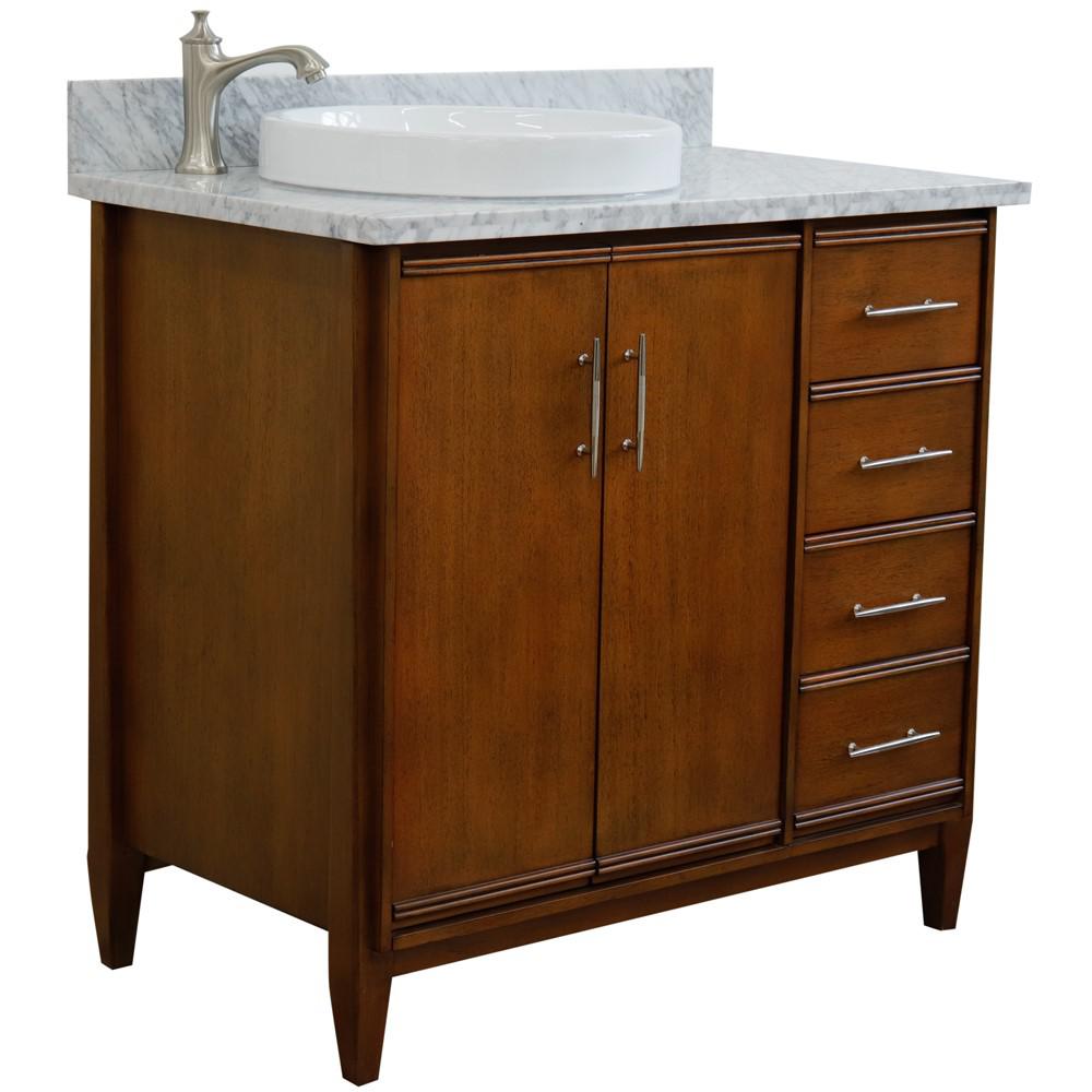 Single vanity in Walnut with White Carrara and round sink- door/sink. Picture 5