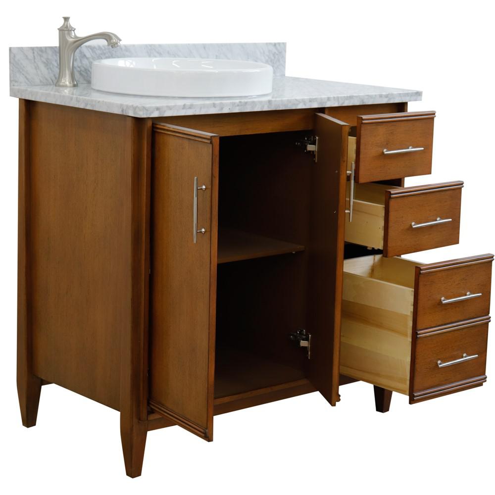 Single vanity in Walnut with White Carrara and round sink- door/sink. Picture 6