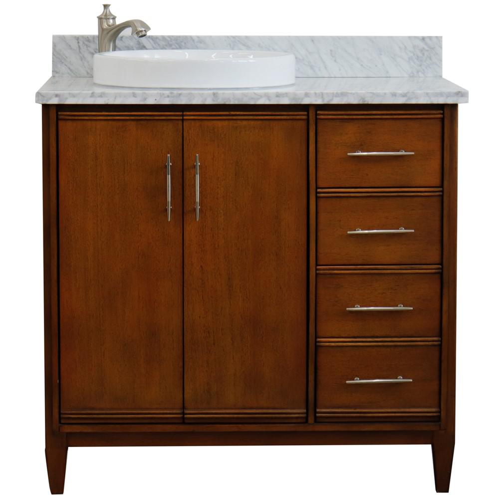 Single vanity in Walnut with White Carrara and round sink- door/sink. Picture 7