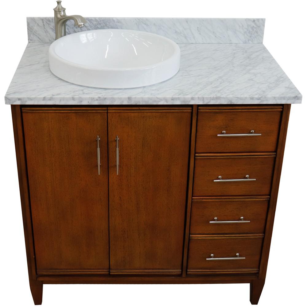 Single vanity in Walnut with White Carrara and round sink- door/sink. Picture 10