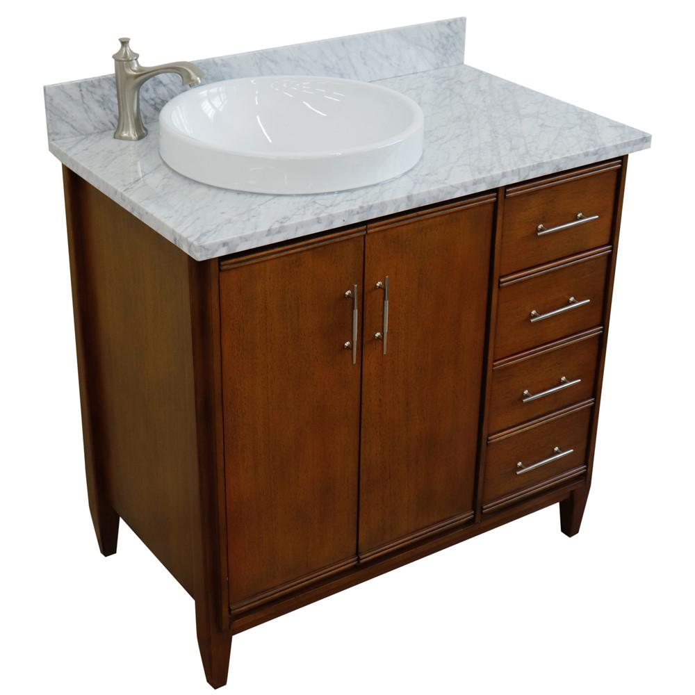 Single vanity in Walnut with White Carrara and round sink- door/sink. Picture 11