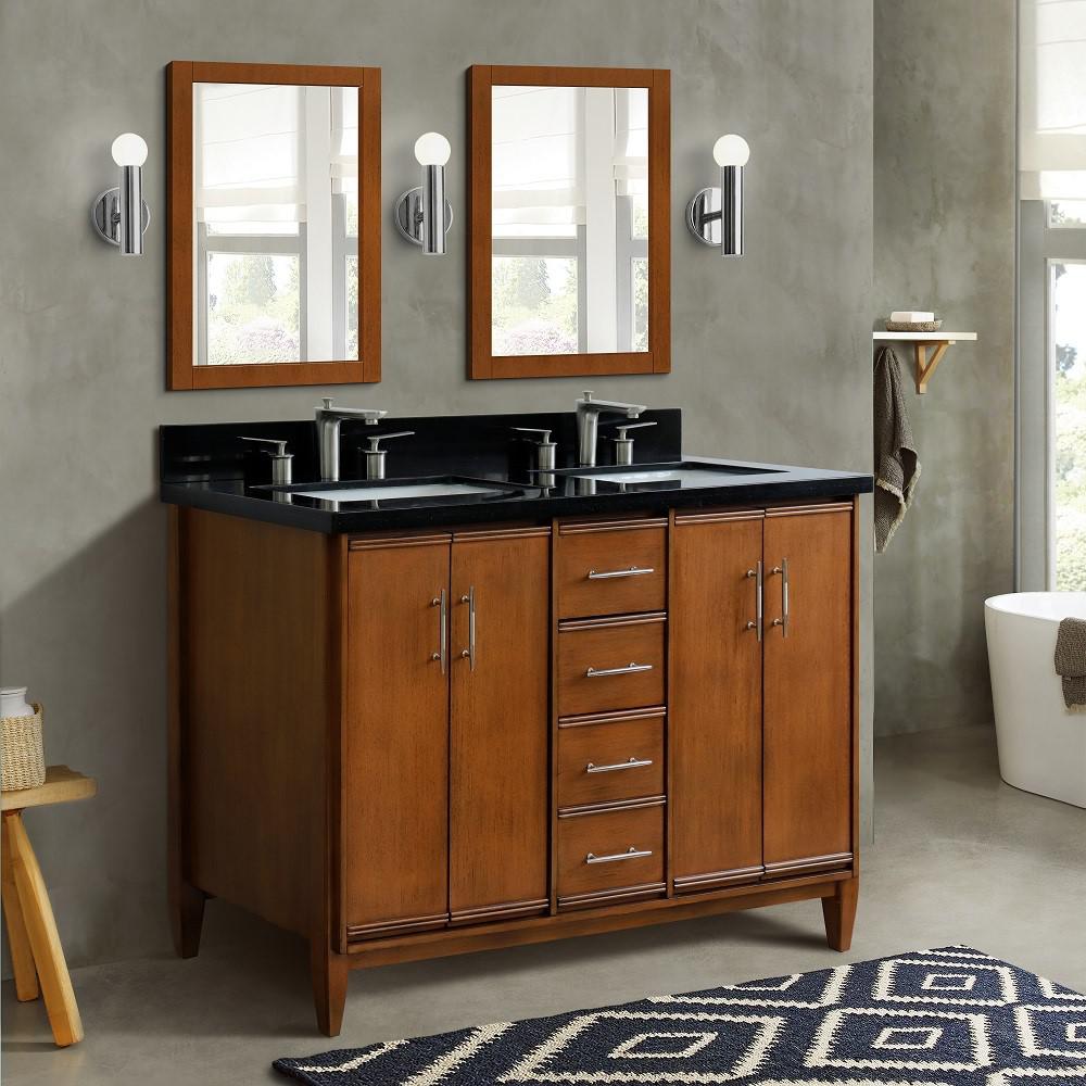 Double sink vanity in Walnut with Black galaxy granite and rectangle sink. Picture 2