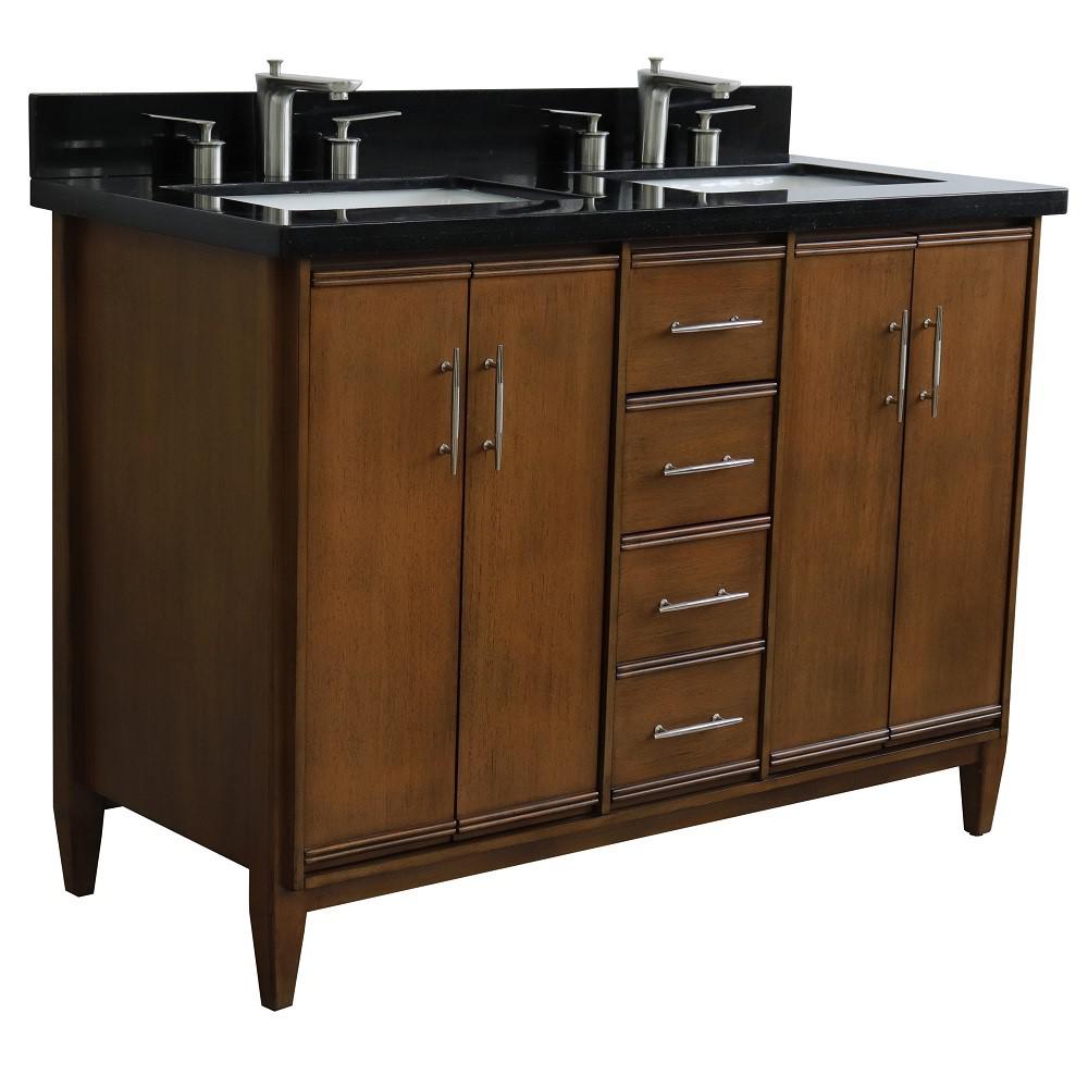 Double sink vanity in Walnut with Black galaxy granite and rectangle sink. Picture 5