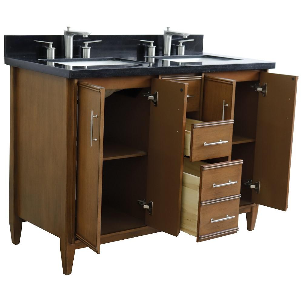 Double sink vanity in Walnut with Black galaxy granite and rectangle sink. Picture 6