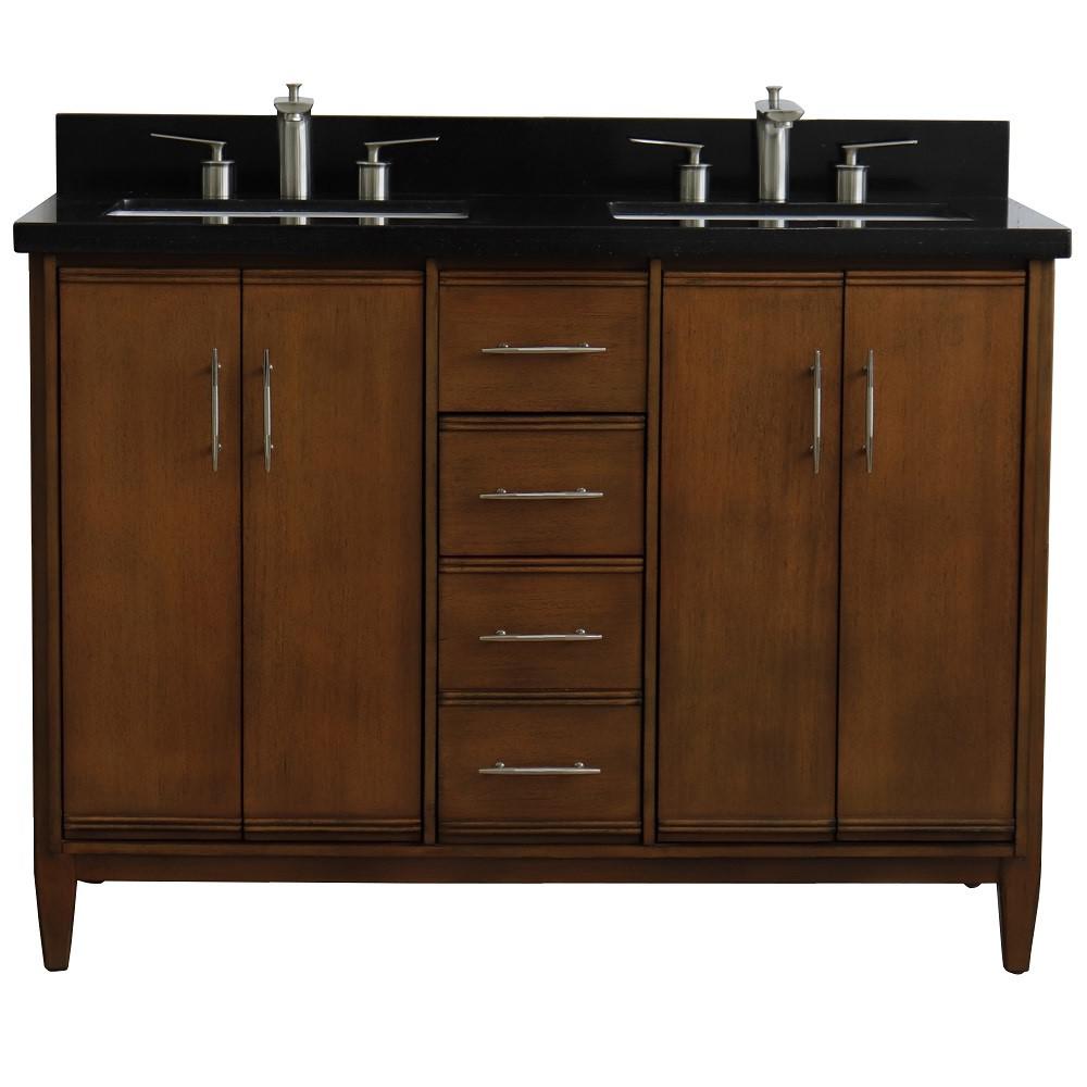 Double sink vanity in Walnut with Black galaxy granite and rectangle sink. Picture 7
