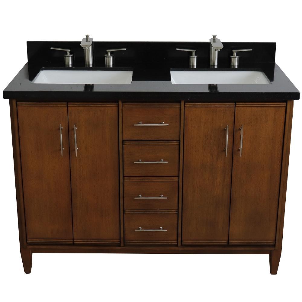 Double sink vanity in Walnut with Black galaxy granite and rectangle sink. Picture 9