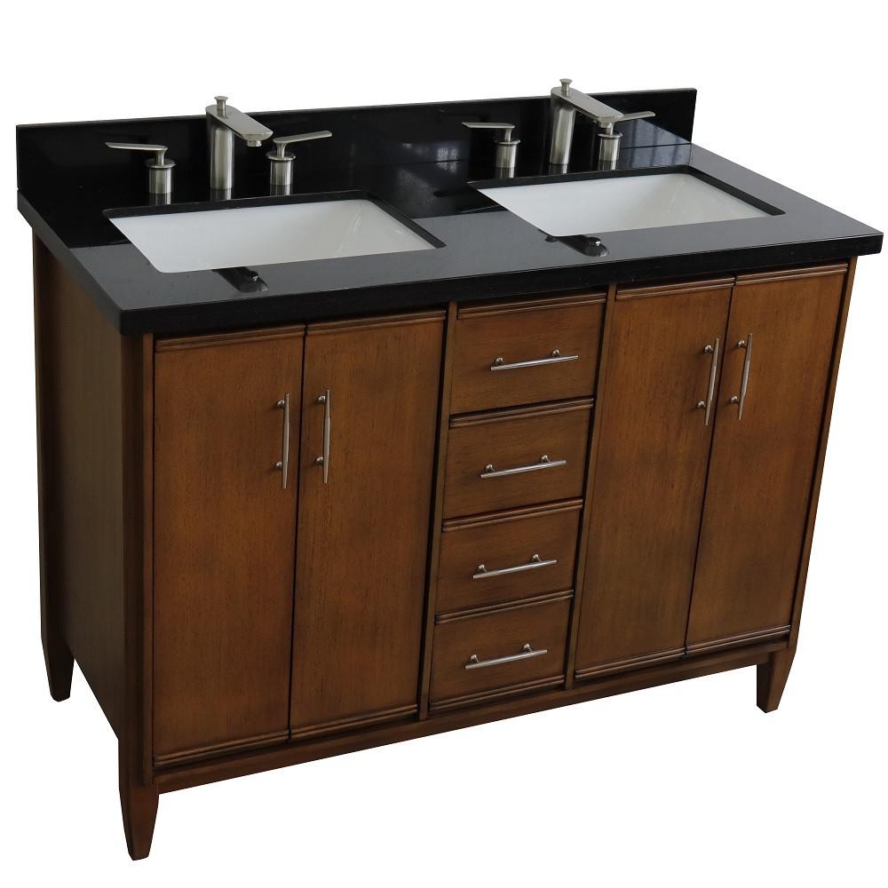 Double sink vanity in Walnut with Black galaxy granite and rectangle sink. Picture 10