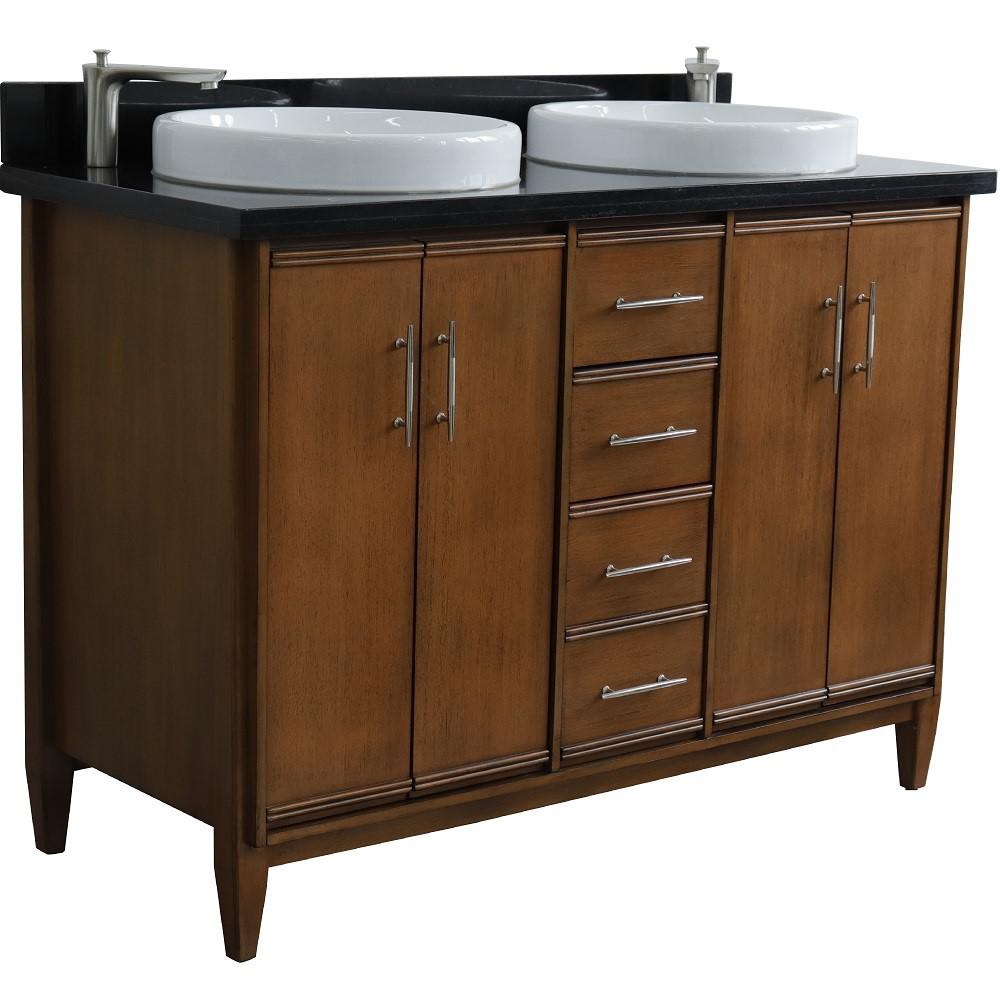 Double sink vanity in Walnut with Black galaxy granite and rectangle sink. Picture 18