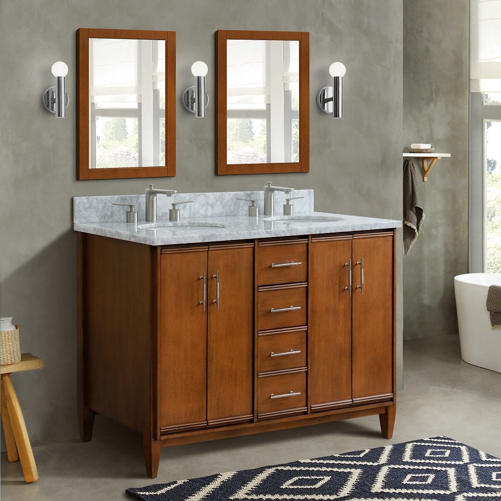 49 Double sink vanity in Walnut finish with White Carrara marble and oval sink. Picture 2