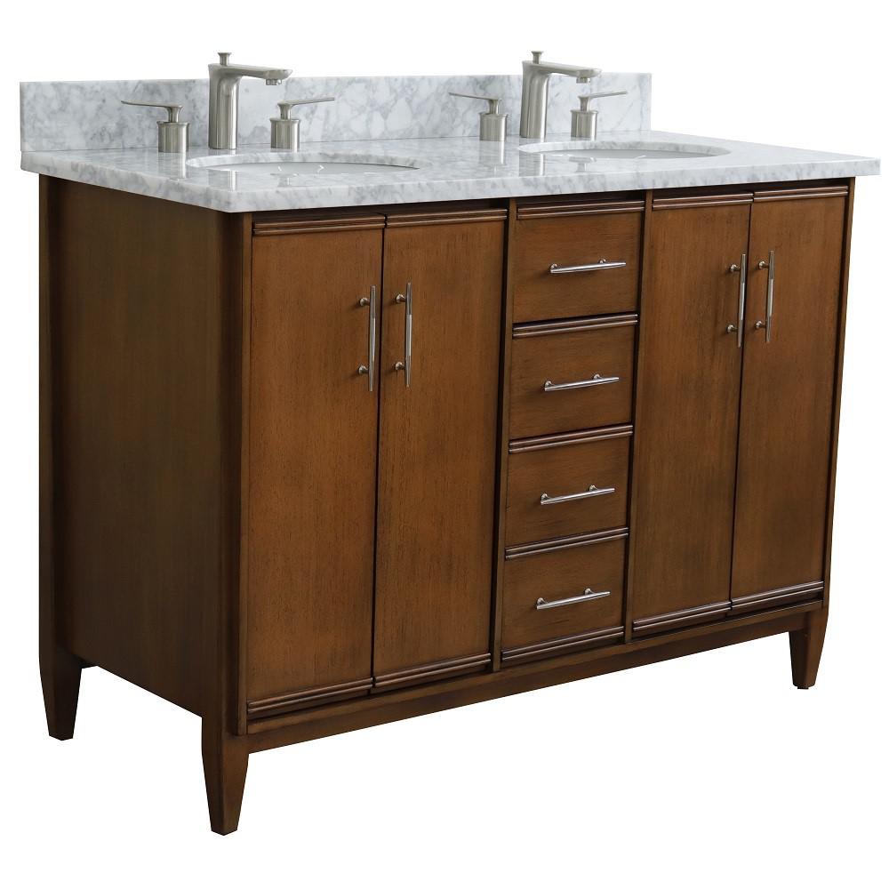 49 Double sink vanity in Walnut finish with White Carrara marble and oval sink. Picture 5