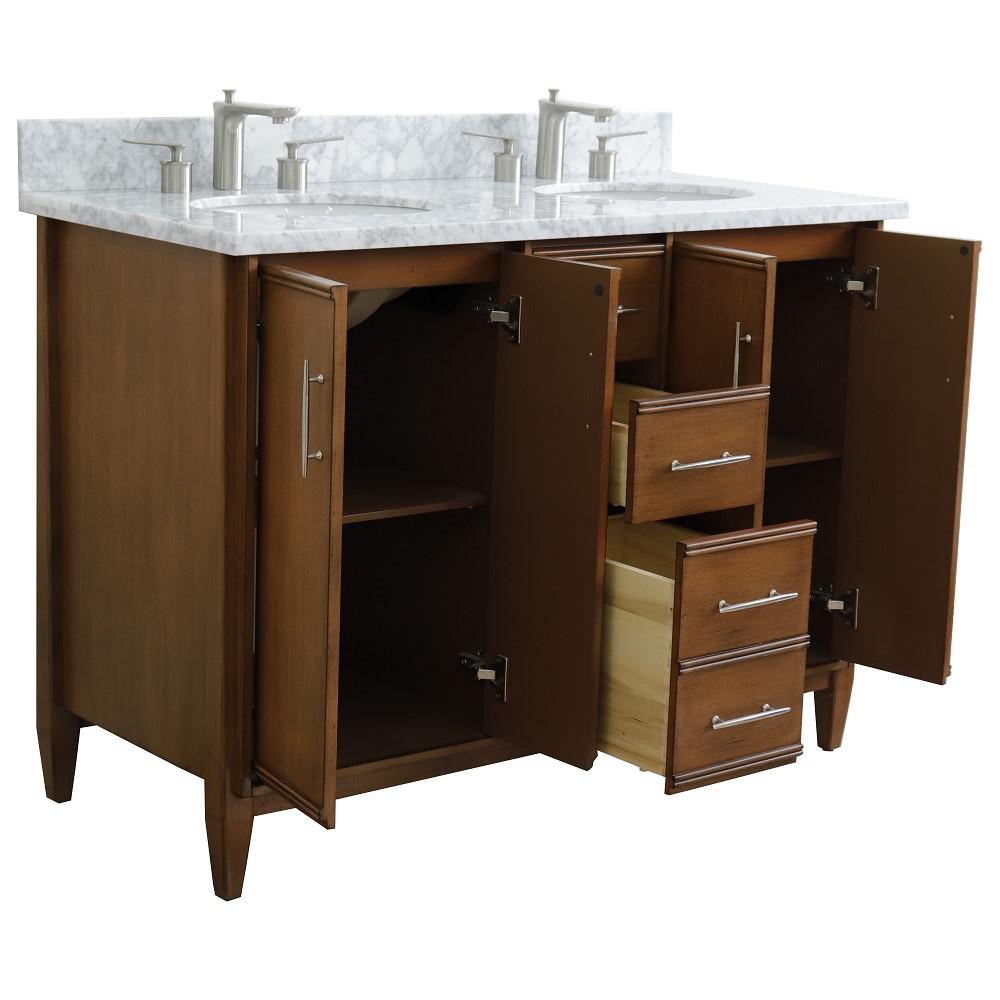 49 Double sink vanity in Walnut finish with White Carrara marble and oval sink. Picture 6