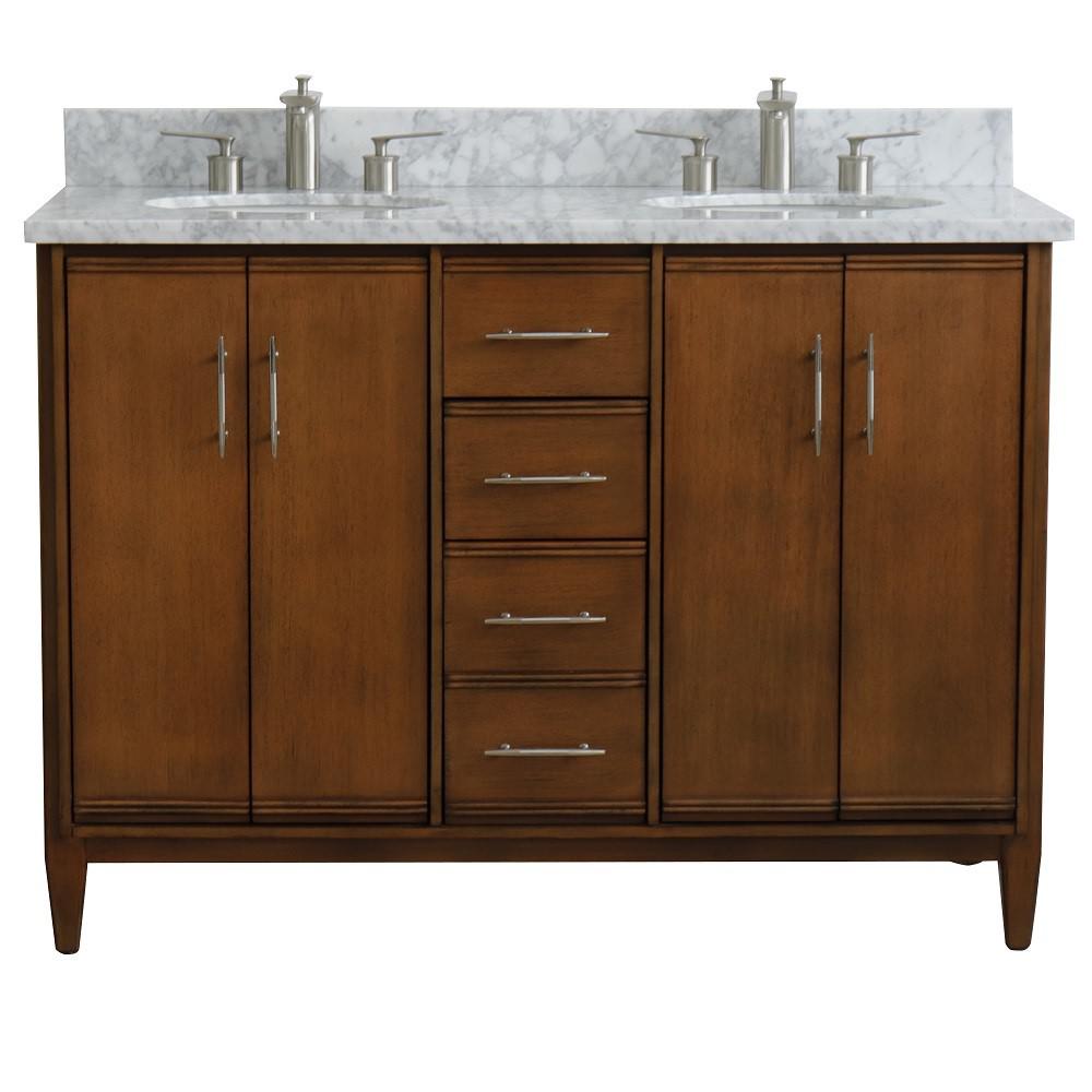 49 Double sink vanity in Walnut finish with White Carrara marble and oval sink. Picture 7