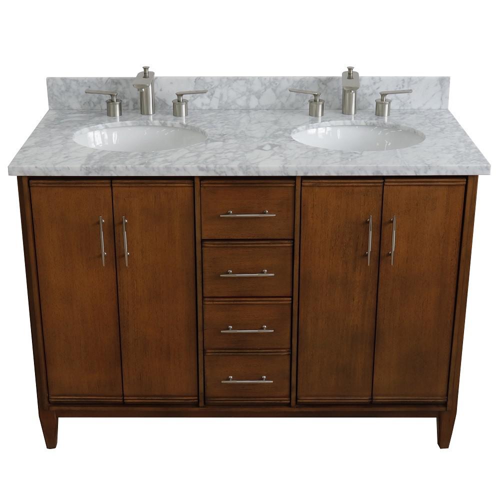 49 Double sink vanity in Walnut finish with White Carrara marble and oval sink. Picture 9