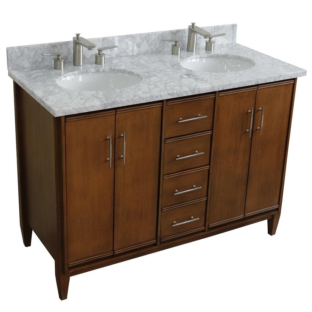 49 Double sink vanity in Walnut finish with White Carrara marble and oval sink. Picture 10