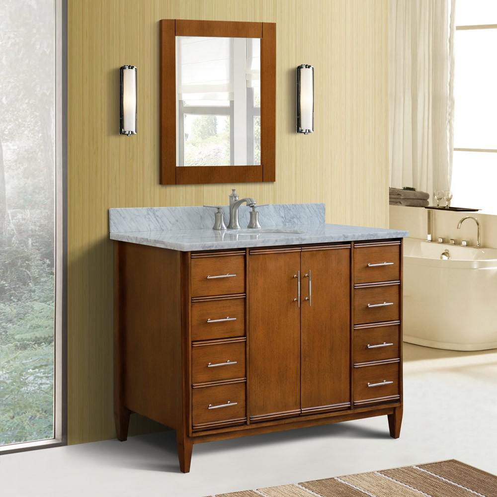 49 Single sink vanity in Walnut finish with White Carrara marble and oval sink. Picture 2