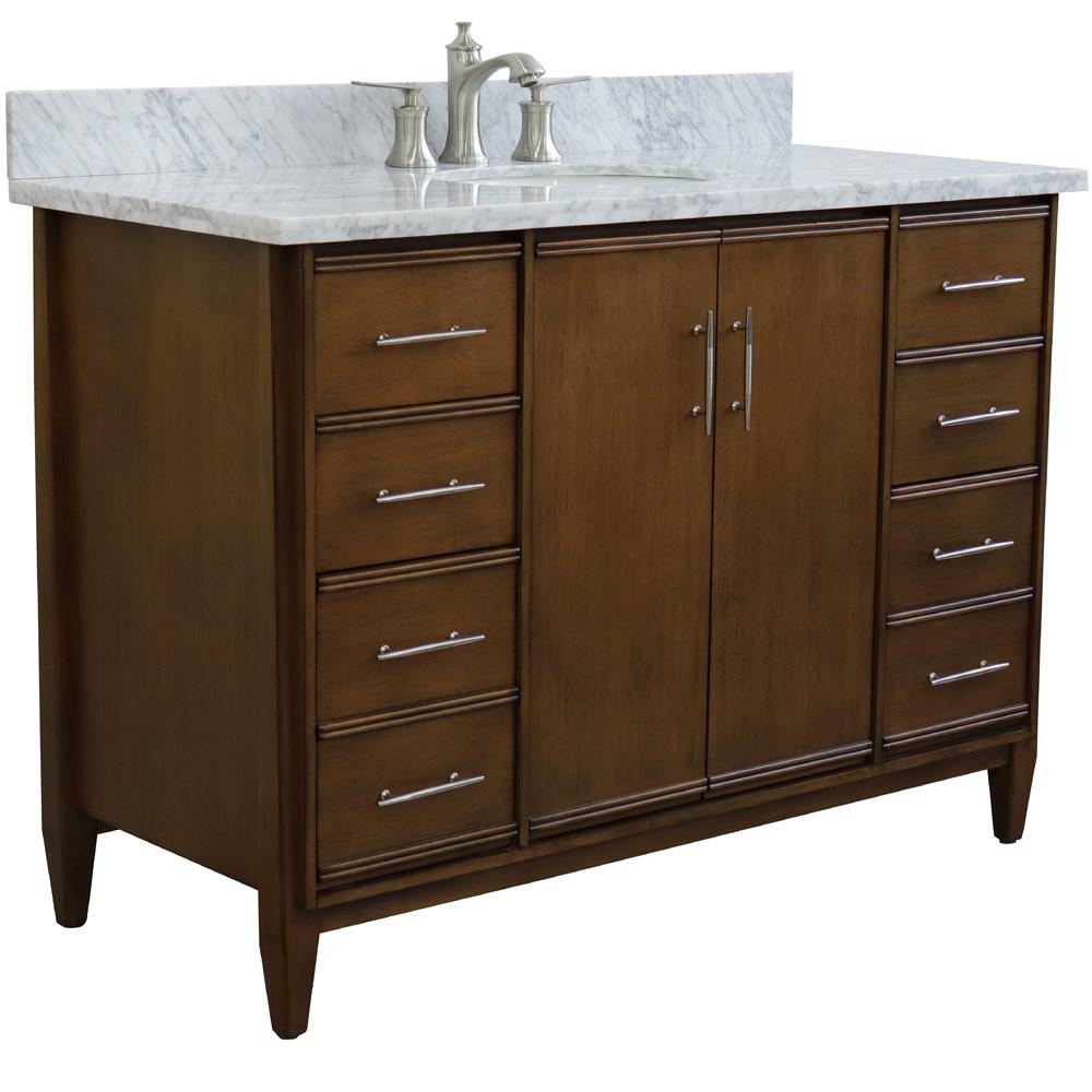 49 Single sink vanity in Walnut finish with White Carrara marble and oval sink. Picture 5