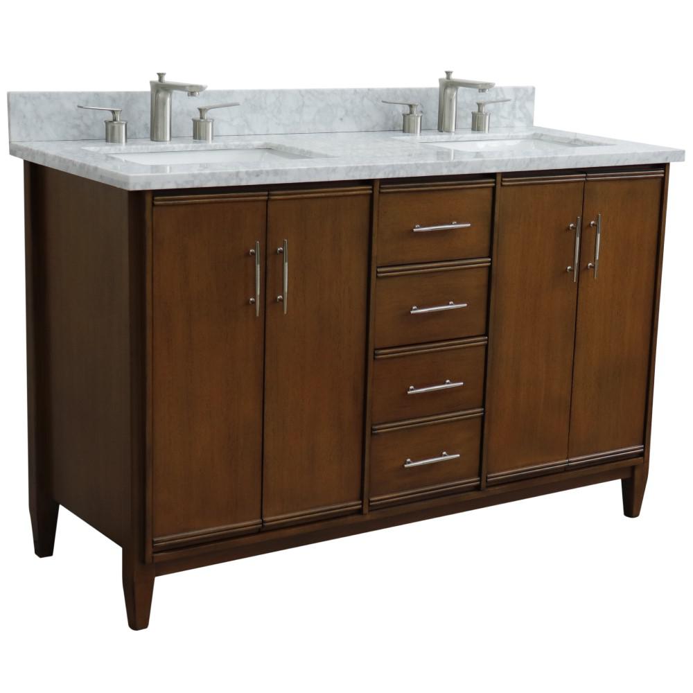 55 Double vanity in Walnut finish with white Carrara marble and rectangle sink. Picture 5
