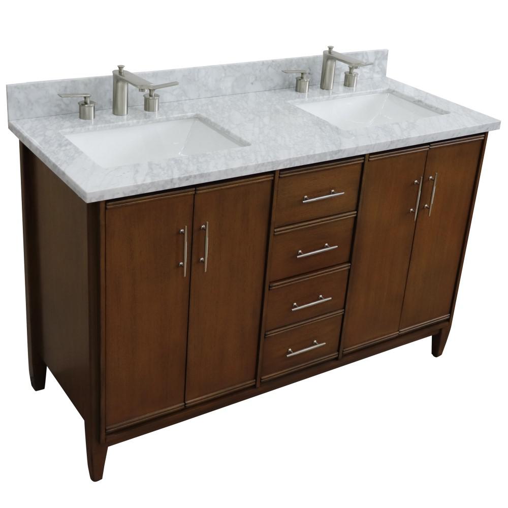 55 Double vanity in Walnut finish with white Carrara marble and rectangle sink. Picture 6