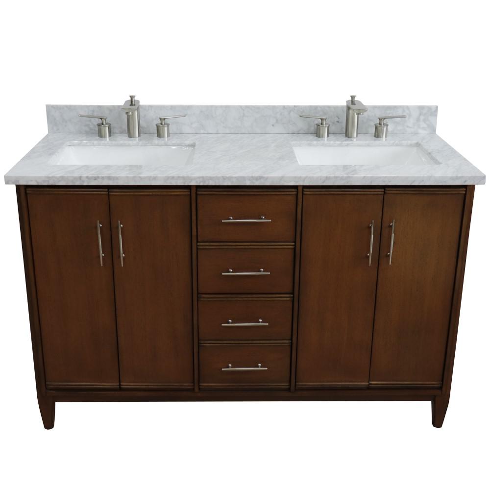 55 Double vanity in Walnut finish with white Carrara marble and rectangle sink. Picture 7