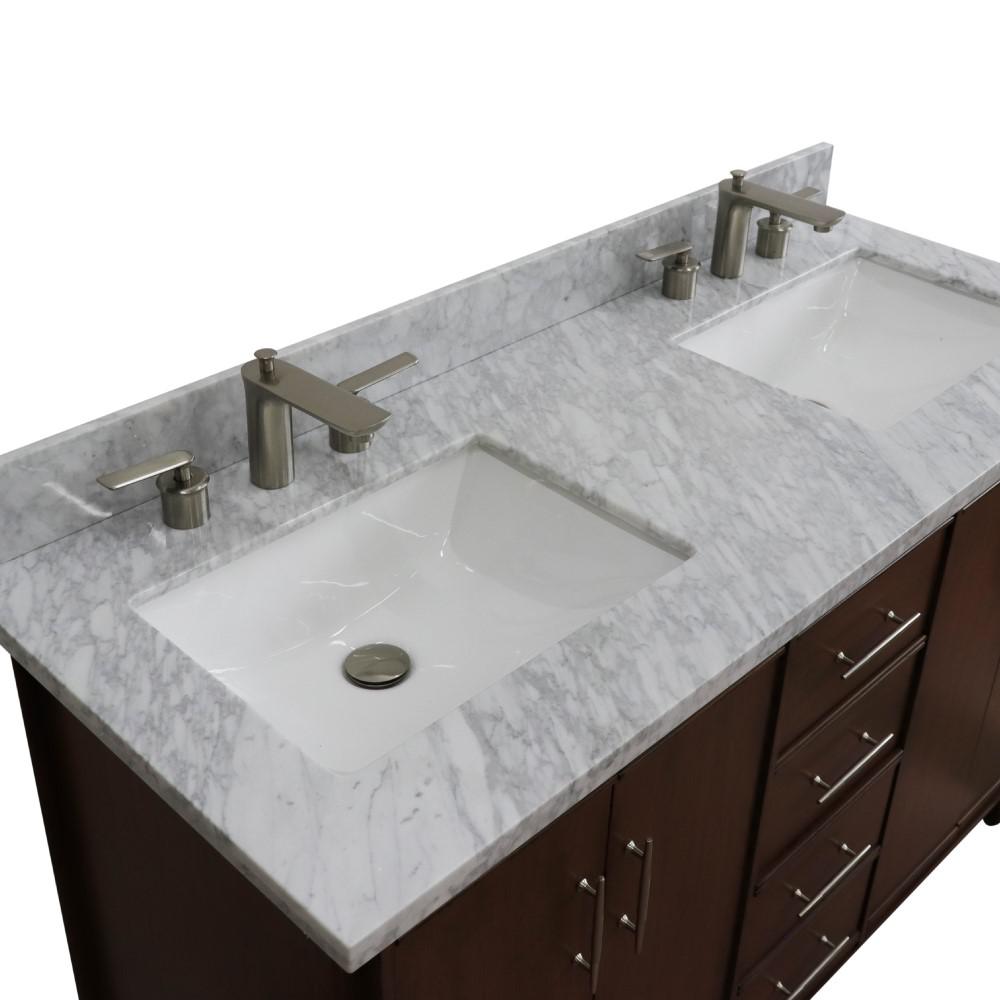 55 Double vanity in Walnut finish with white Carrara marble and rectangle sink. Picture 9