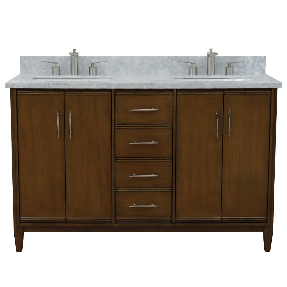 55 Double vanity in Walnut finish with white Carrara marble and rectangle sink. Picture 11