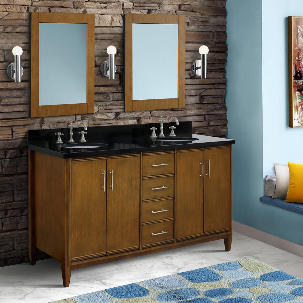 61 Double sink vanity in Walnut finish with Black galaxy granite and oval sink. Picture 2