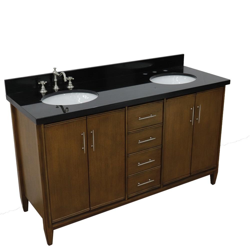 61 Double sink vanity in Walnut finish with Black galaxy granite and oval sink. Picture 12