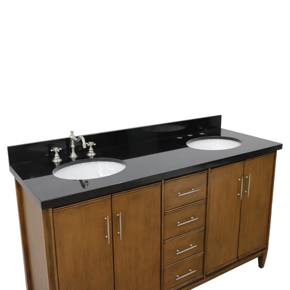 61 Double sink vanity in Walnut finish with Black galaxy granite and oval sink. Picture 13