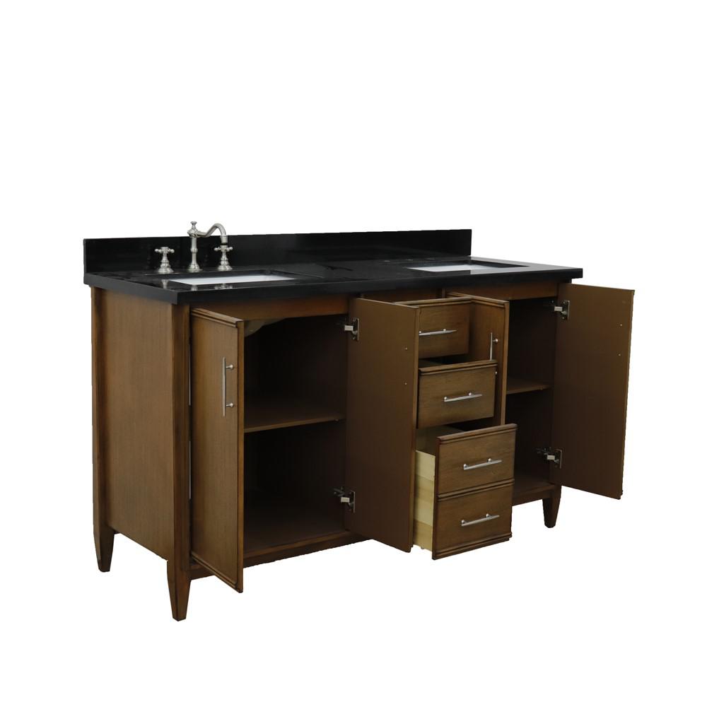 Double sink vanity in Walnut with Black galaxy granite and rectangle sink. Picture 9