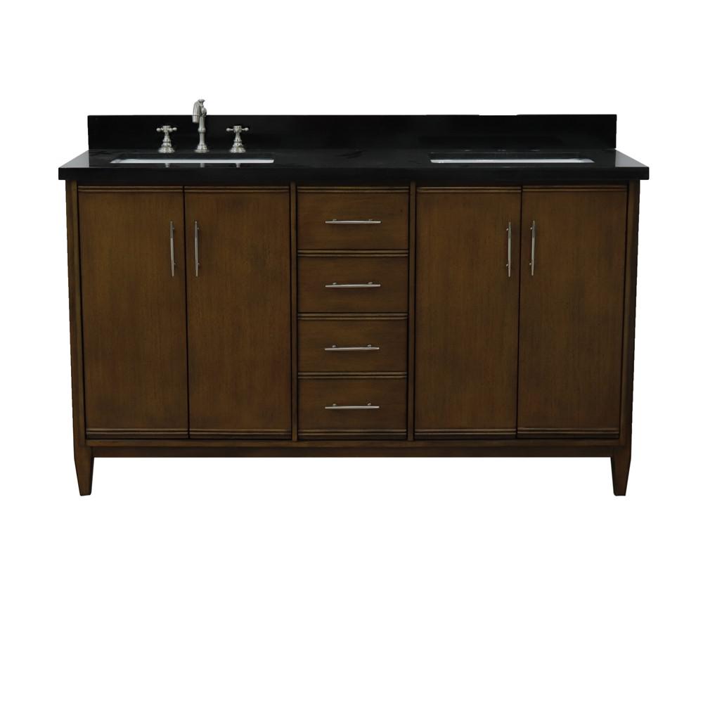 Double sink vanity in Walnut with Black galaxy granite and rectangle sink. Picture 11