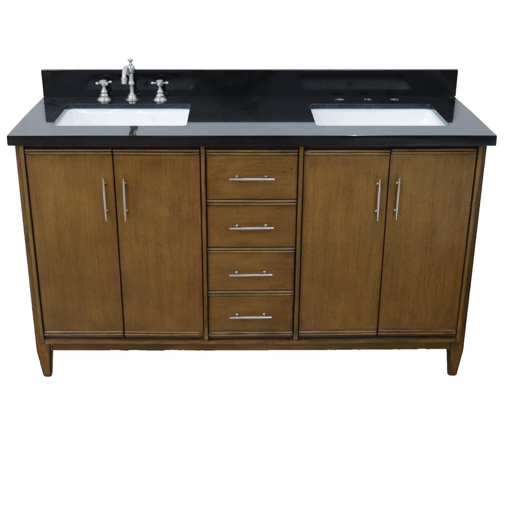 Double sink vanity in Walnut with Black galaxy granite and rectangle sink. Picture 12