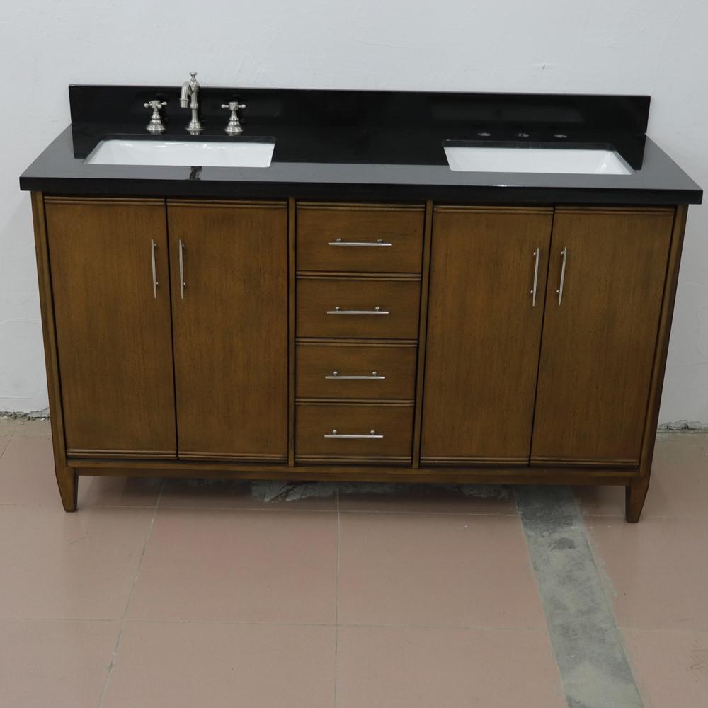 Double sink vanity in Walnut with Black galaxy granite and rectangle sink. Picture 13