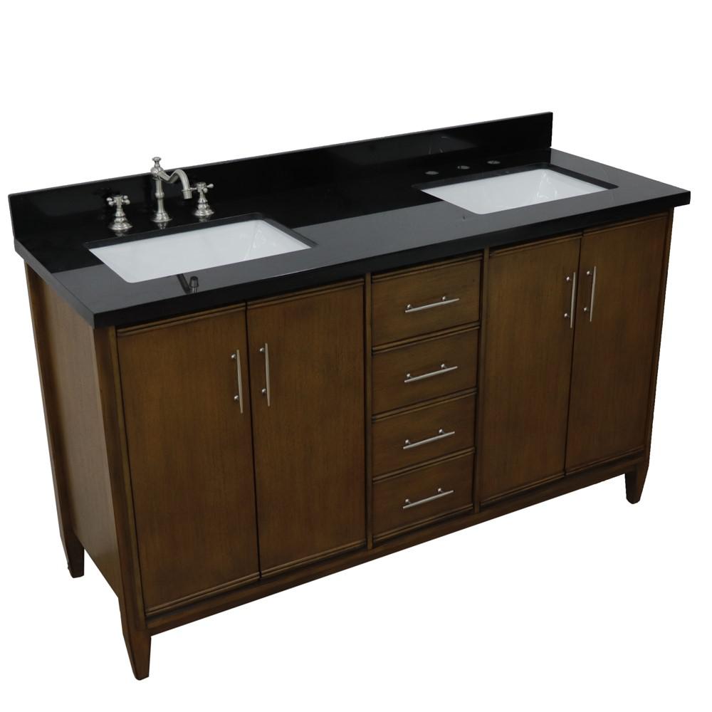 Double sink vanity in Walnut with Black galaxy granite and rectangle sink. Picture 14