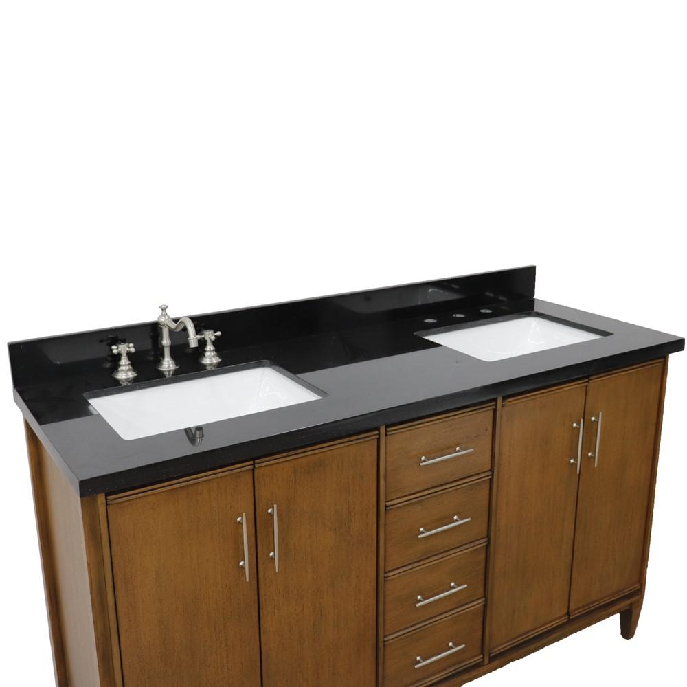 Double sink vanity in Walnut with Black galaxy granite and rectangle sink. Picture 15
