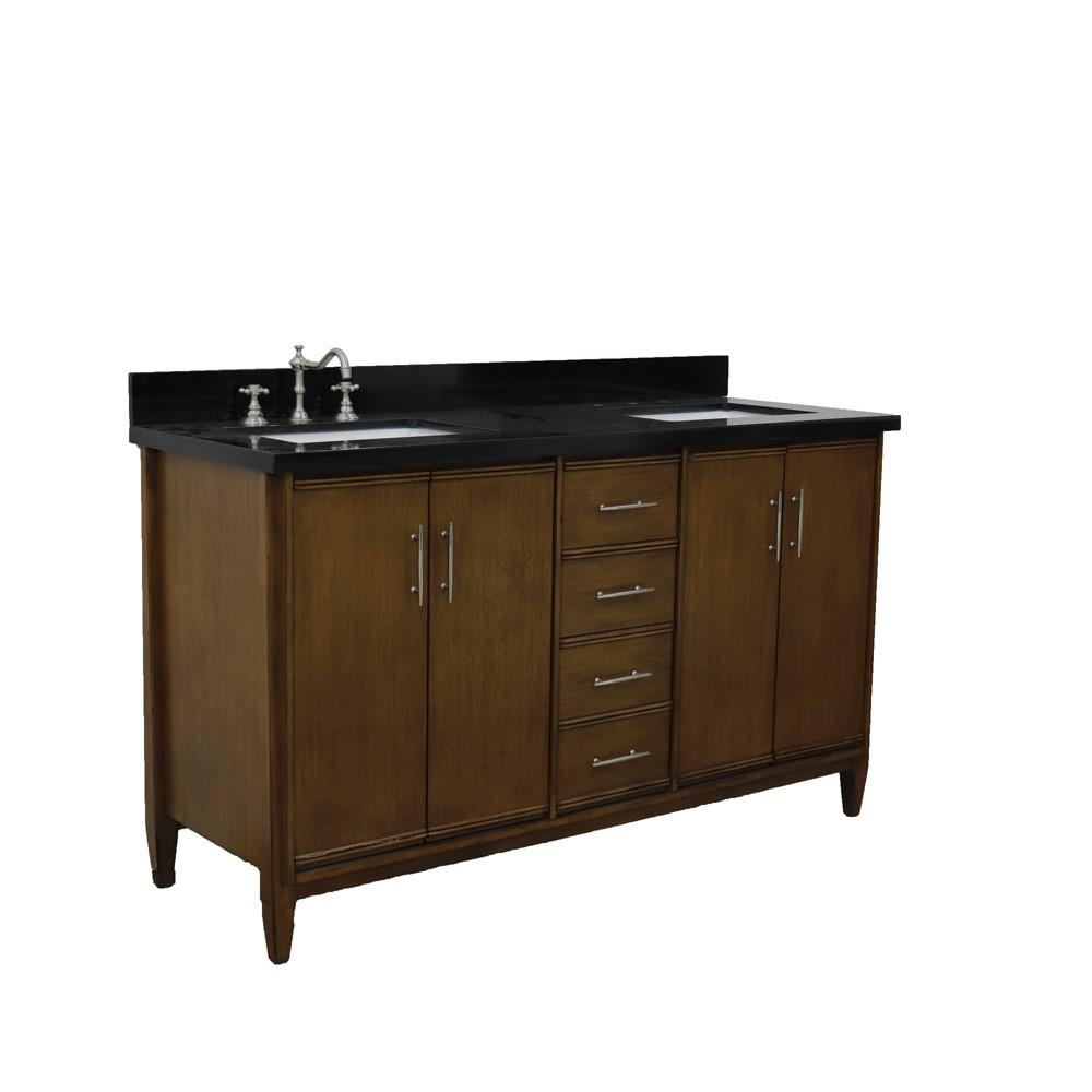 Double sink vanity in Walnut with Black galaxy granite and rectangle sink. Picture 16