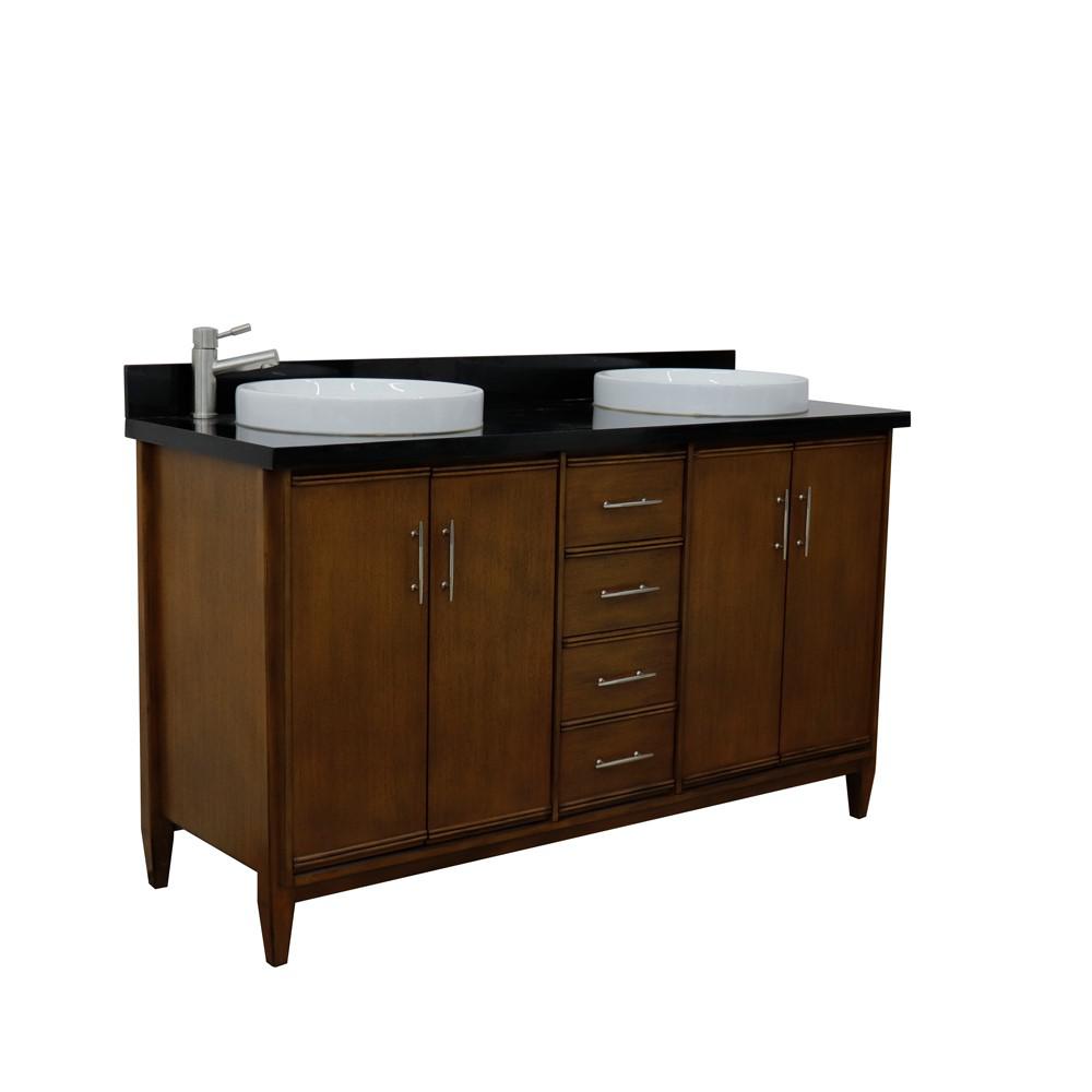 Double sink vanity in Walnut with Black galaxy granite and rectangle sink. Picture 26